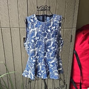 Zara Blue and White Paisley Peplum Blouse